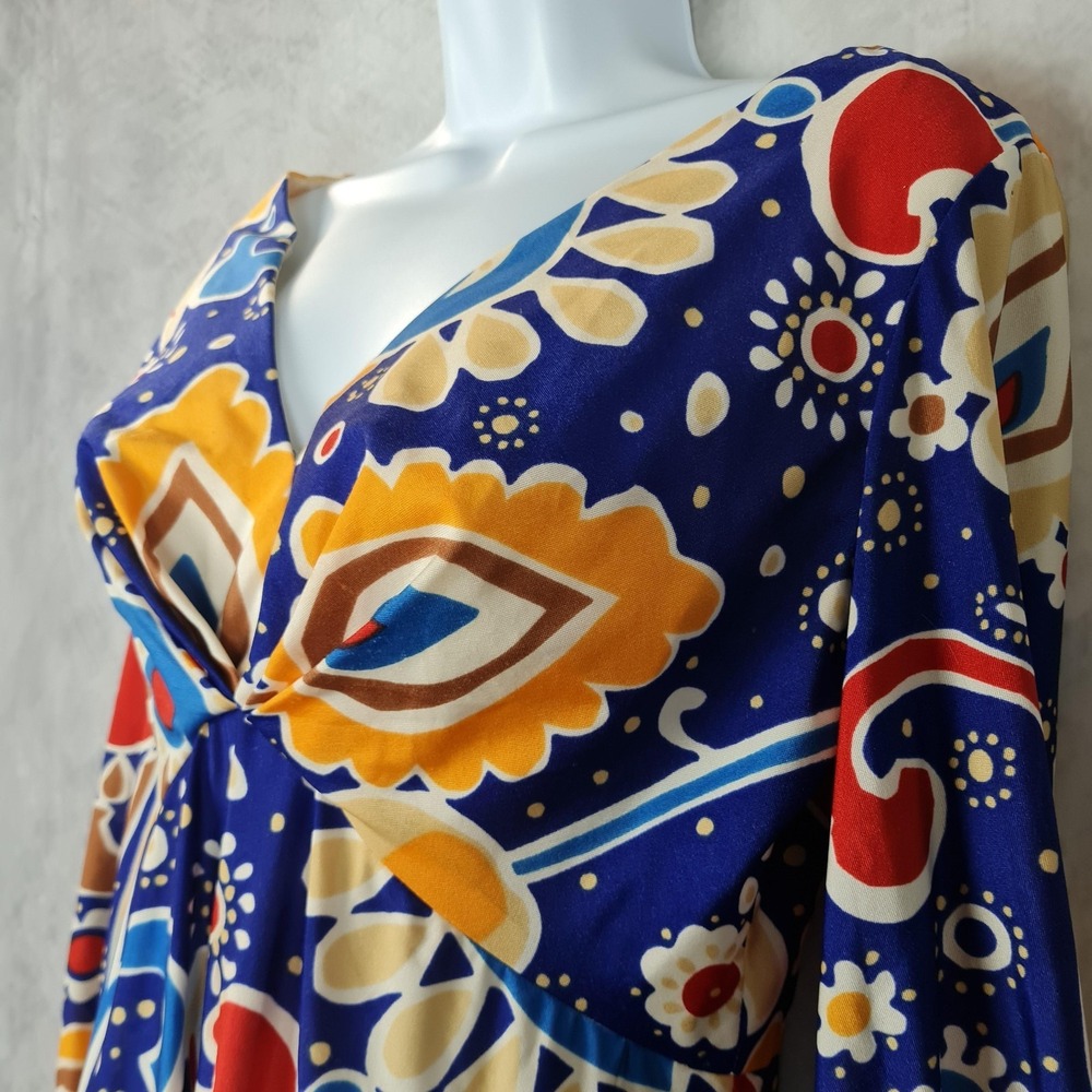 Vntg Lanzillotti Bzzz-Bzzz Dress Women 12 Floral Empire Maxi V Neck Boho 70s Mod
